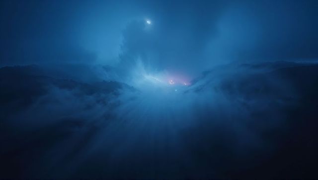 Moonlit Mist Valley Casting Blue Radiant Beams Over Foggy Basin with Distant Warm Lights
