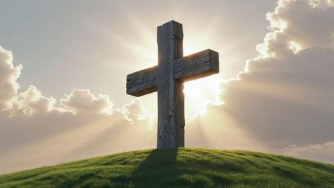 Sunlit weathered wooden cross on a grassy hilltop symbolizing jesus