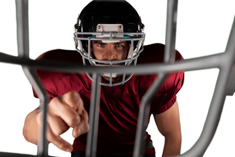 American football player with helmet pointing on transparent background