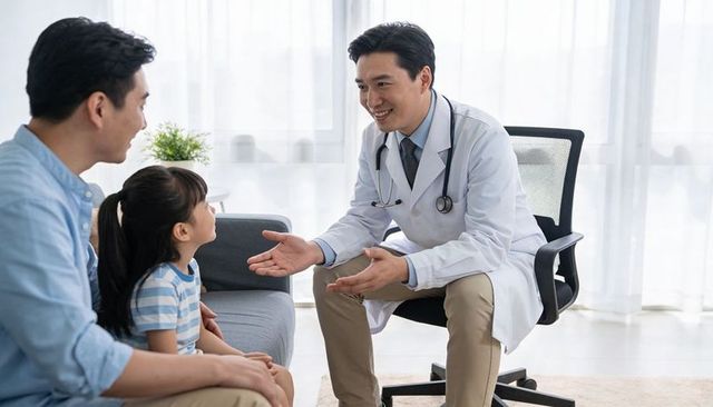 Friendly pediatrician kneeling and consulting with child and father in bright clinic