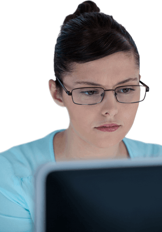 Focused businesswoman on laptop transparent background