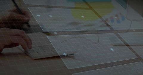 Left-hand typing on compact keyboard with translucent augmented UI overlay