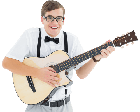 joyful nerd playing acoustic guitar wearing bowtie over transparent background - Download Free Stock Videos Pikwizard.com
