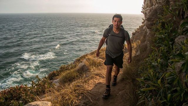 Male hiker walking sunlit coastal cliff trail carrying daypack and wearing boots