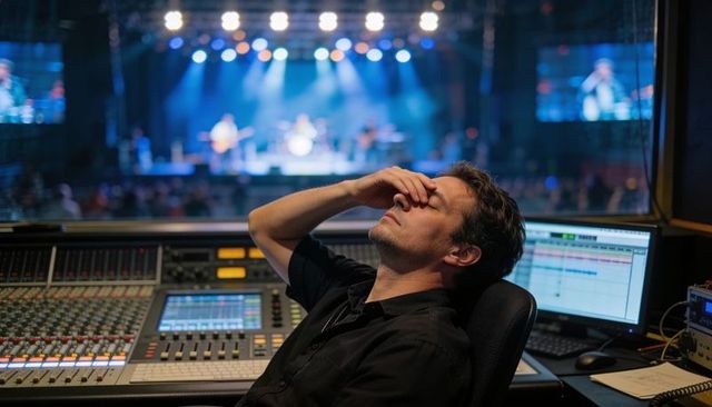 Fatigued sound engineer pinching nose at live concert mixing console front of house stress