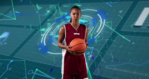 Basketball Player in Uniform with Dynamic Digital Background