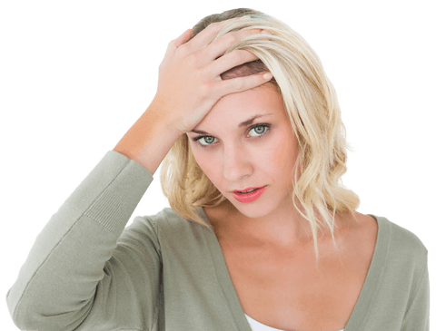 Confused blonde woman touching head on transparent background