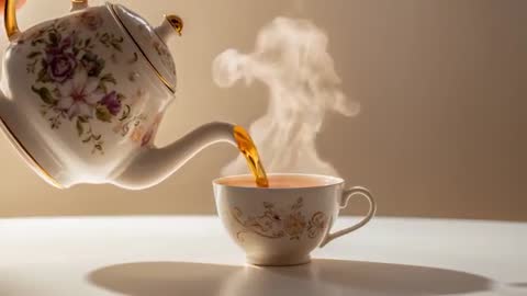 Pouring steaming tea from vintage floral porcelain teapot into matching cup