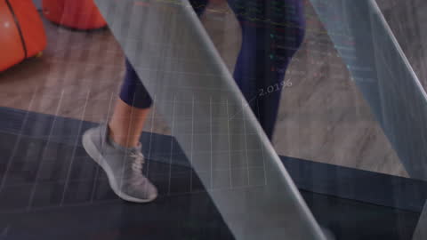 Woman Walking on Treadmill with Financial Graph Overlays