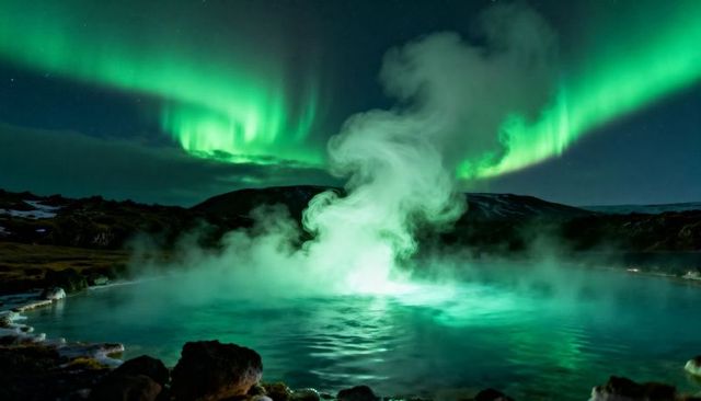 Aurora dancing over steaming geothermal pool with rising steam column at volcanic basin