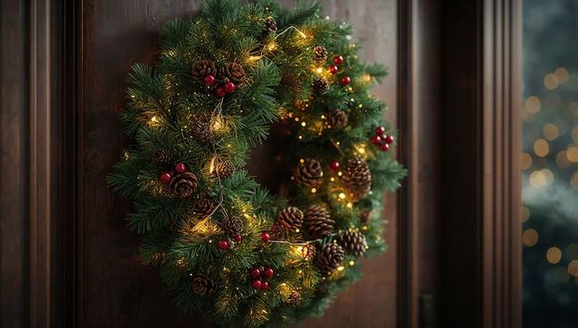 Festive christmas wreath with pinecones and fairy lights on wooden door