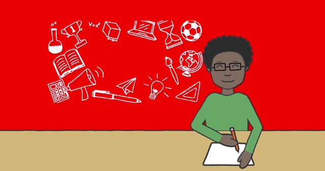 Schoolboy Taking Notes Surrounded by Educational Icons on Red Background - Download Free Stock Images Pikwizard.com