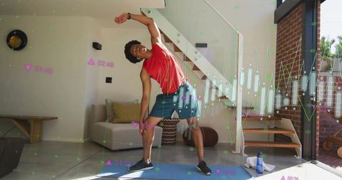 Athlete Stretching Indoors with Digital Fitness Overlays