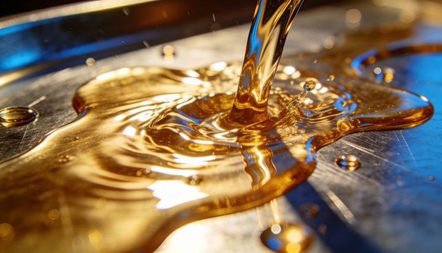 Pouring golden syrup creating glossy amber ripples on stainless steel macro surface