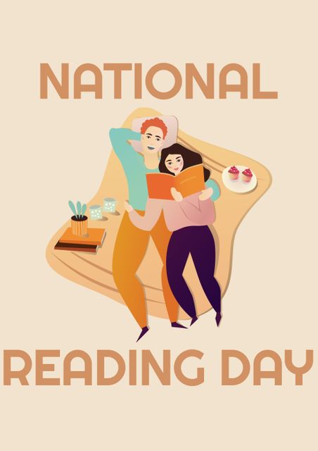 Composition of national reading day text over people icons on beige backgorund. National reading day and celebration concept digitally generated image.