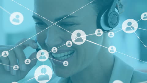 Smiling Businesswoman Using Headset with Connected Network Icons