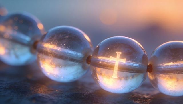Clear glass prayer beads with glowing cross reflection, macro sparkling bokeh