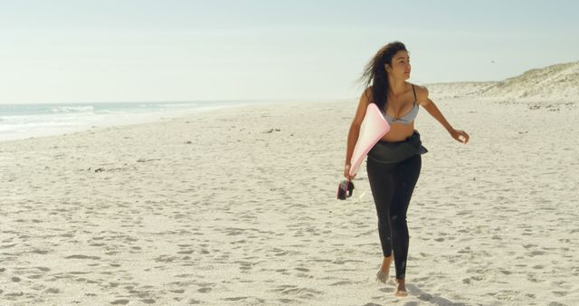 Woman Beach Walking Carrying Surfboard on Sunny Day - Download Free Stock Images Pikwizard.com