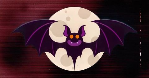 Whimsical cartoon bat with full moon background, fantasy night scene