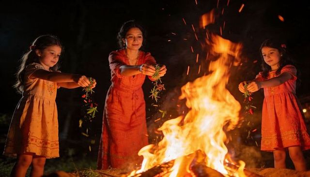 Mother and daughters placing herbal bundles into bonfire during nighttime family ritual