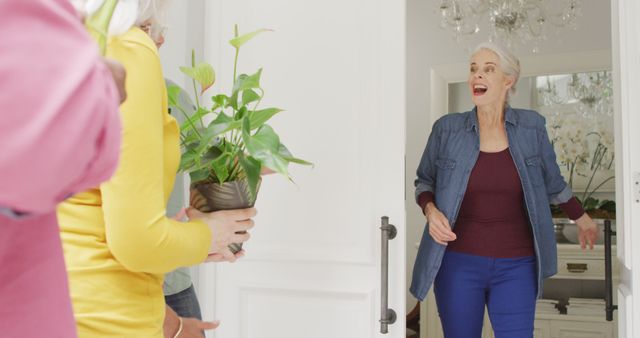 Image of happy caucasian senior woman welcoming friends in doorway. retirement lifestyle, spending quality time with friends.