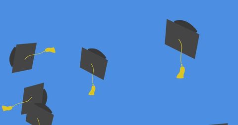 Falling graduation caps on blue background