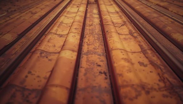 Weathered Terracotta Roof Panels with Rusted Metal