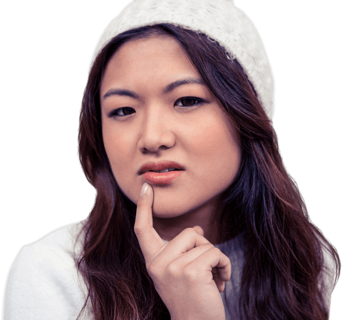 Thoughtful Asian Woman Contemplating with Finger on Chin Transparent Background