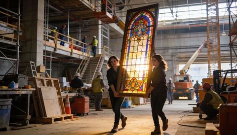 Two installers carrying antique stained glass window through sunlit renovation site