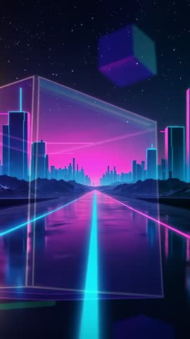 Rotating Neon Wireframe Cube Over Cyber Highway Framing Futuristic City Skyline - Vertical Loop