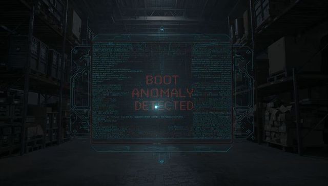 Holographic security alert projecting boot anomaly detected across industrial warehouse