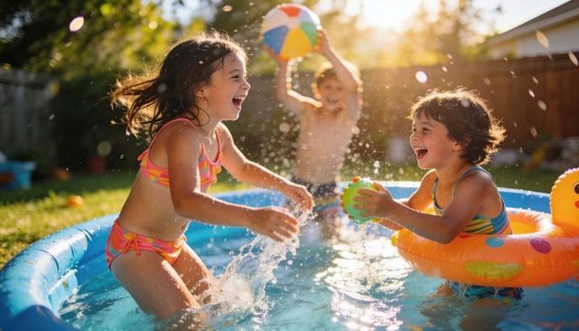 Children splashing in backyard kiddie pool on sunny summer afternoon