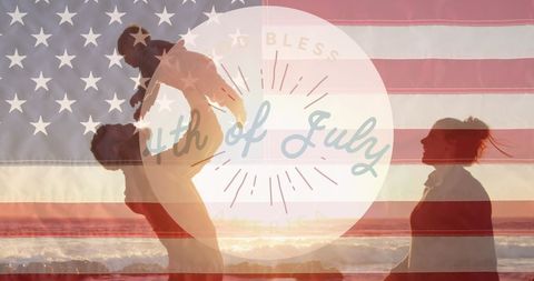 Family Celebrating 4th of July at Beach with American Flag Overlay