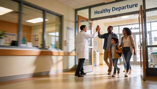 Doctor giving high-five to family walking through healthy departure doors after checkup