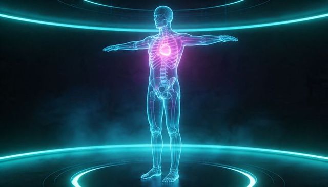 Holographic skeleton with neon heart glow on futuristic circular platform