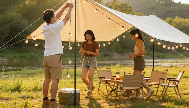 Asian friends camping by riverside adjusting canopy and hanging globe lights at sunset