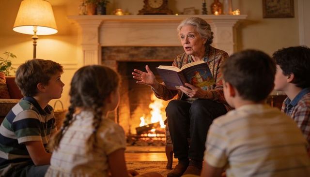 Grandmother reading bedtime story to grandchildren by cozy fireplace, warm storytelling