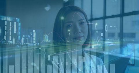 Businesswoman Smiling with Cityscape and Infographics Overlay - Download Free Stock Images Pikwizard.com