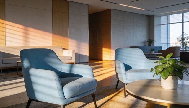 Sunlit modern lounge featuring light-blue armchairs, wooden coffee table and potted plant