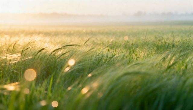 Swaying green barley field catching golden sunrise light with bokeh