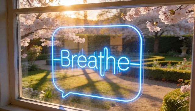 Glowing blue neon breathe sign casting waveform reflections on window with sunlit garden