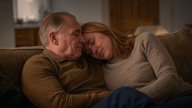 Cozy evening cuddle on couch: mature man and woman resting in warm living room light