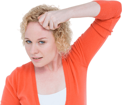 Curly Blonde Woman Lifting Hair Confidently Transparent Background