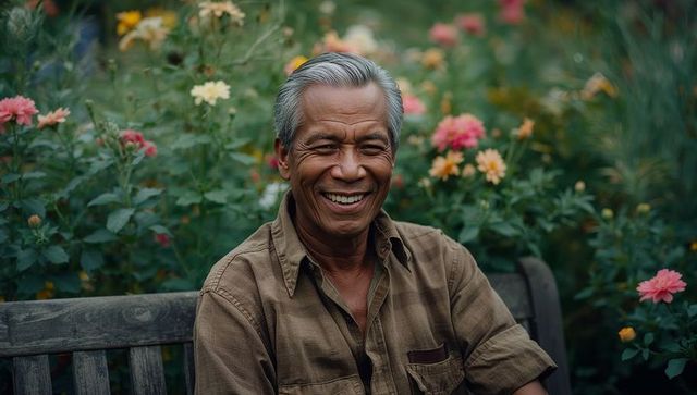 Senior Man Relaxing in Vibrant Summer Garden