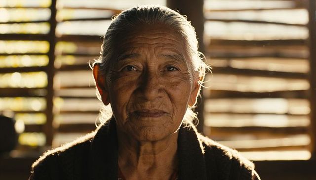 Elderly hispanic woman portrait with warm backlight and sunlit wooden shutters, intimate