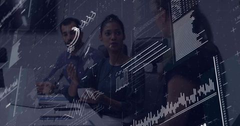 Team Discussing Data Dashboards with Woman Holding Cup and Laptops in Corporate Meeting