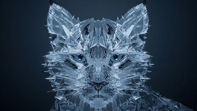 Futuristic crystal cat portrait reflecting light in geometric shards with glossy blue eyes
