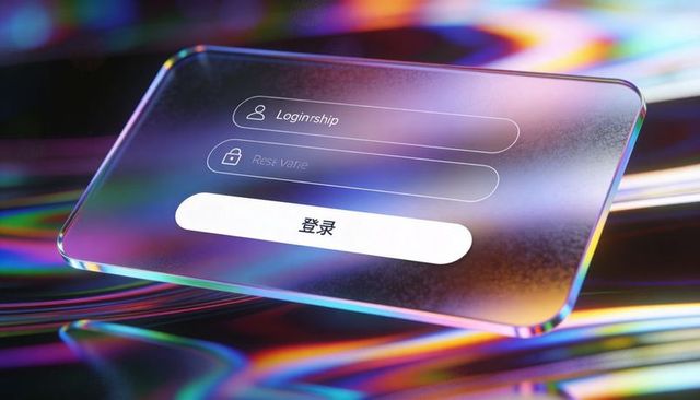 Iridescent glass login ui with floating card, glowing fields and neon reflections