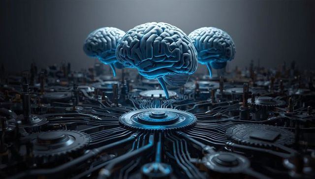Illuminated Brain Models Floating Over Futuristic Circuit Board