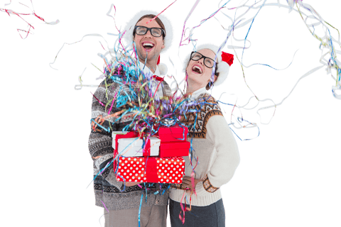 Joyful christmas couple with gifts and confetti transparent background